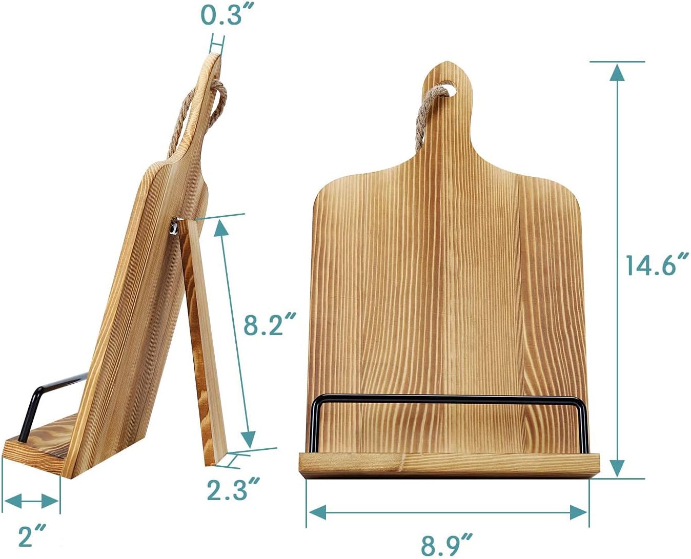 Soligt Cookbook Stand for Kitchen Counter - Brown | Adjustable iPad Tablet Recipe Book Holder Rustic Wood Cutting Board