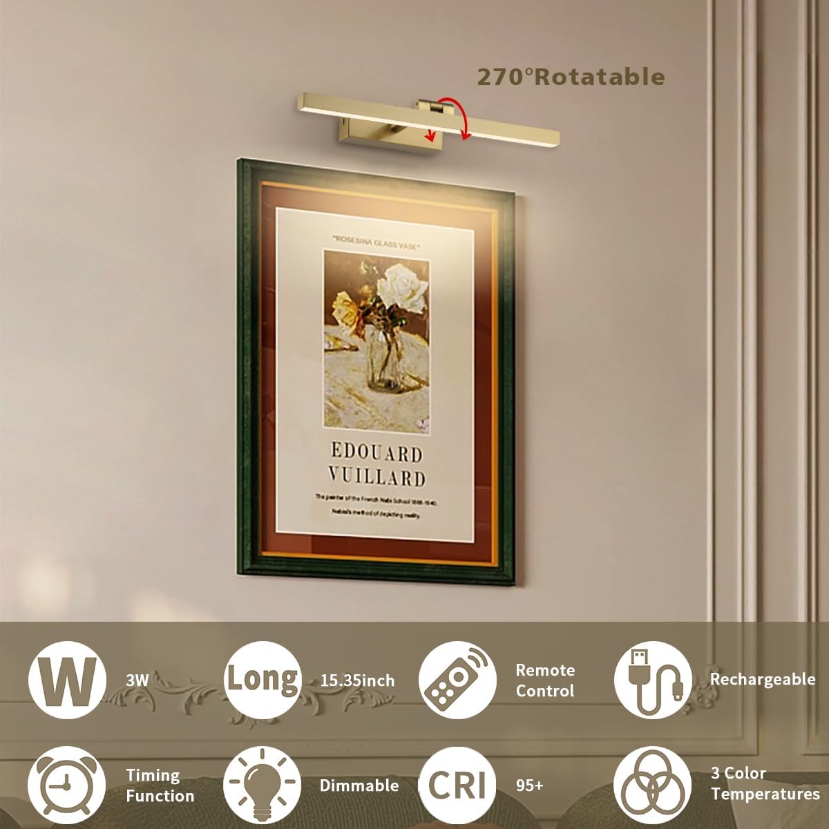 Joosenhouse Battery Operated Picture Light Wireless Gallery Light with Remote Control Rechargeable Wall Lights Brass