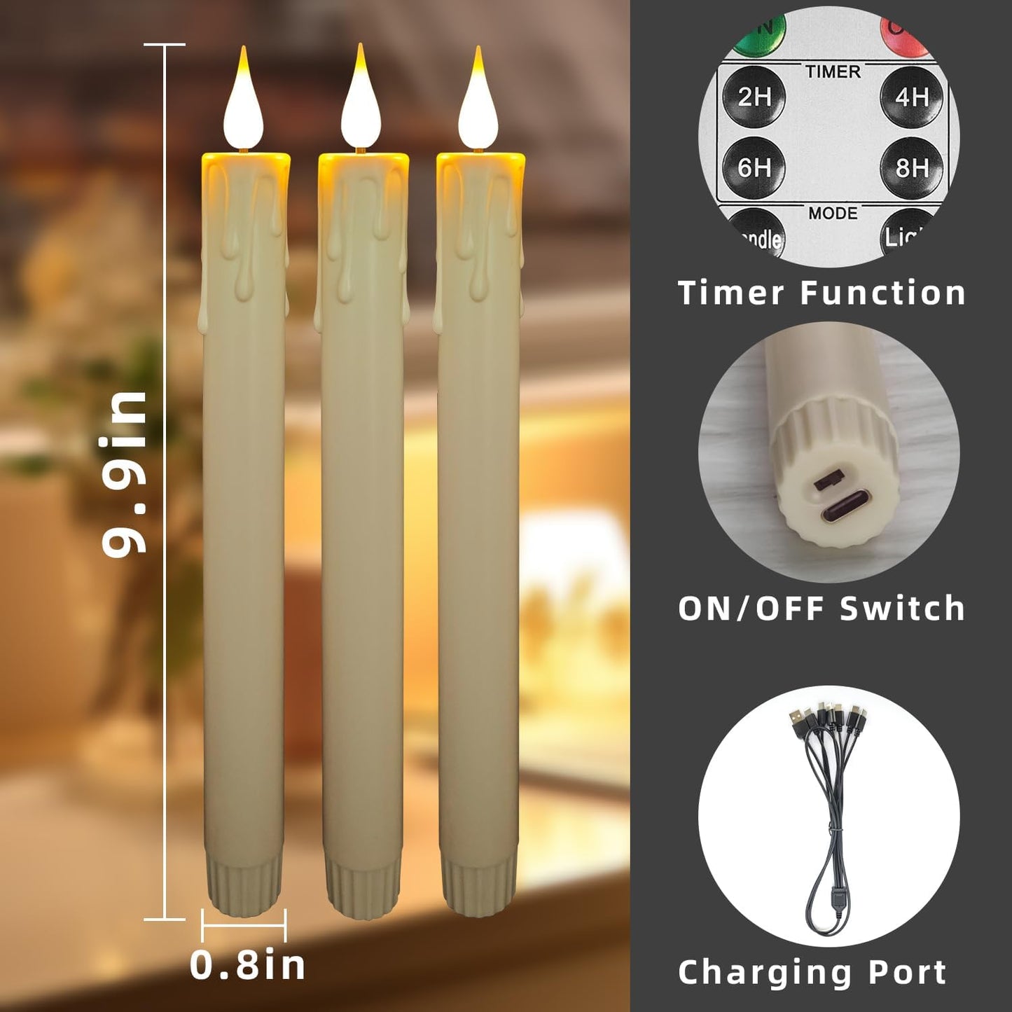 9.9-Inch Rechargeable Flameless Taper Candles, 60+ Hours Runtime, Remote & Timer, Flickering LED, Safe for Home &