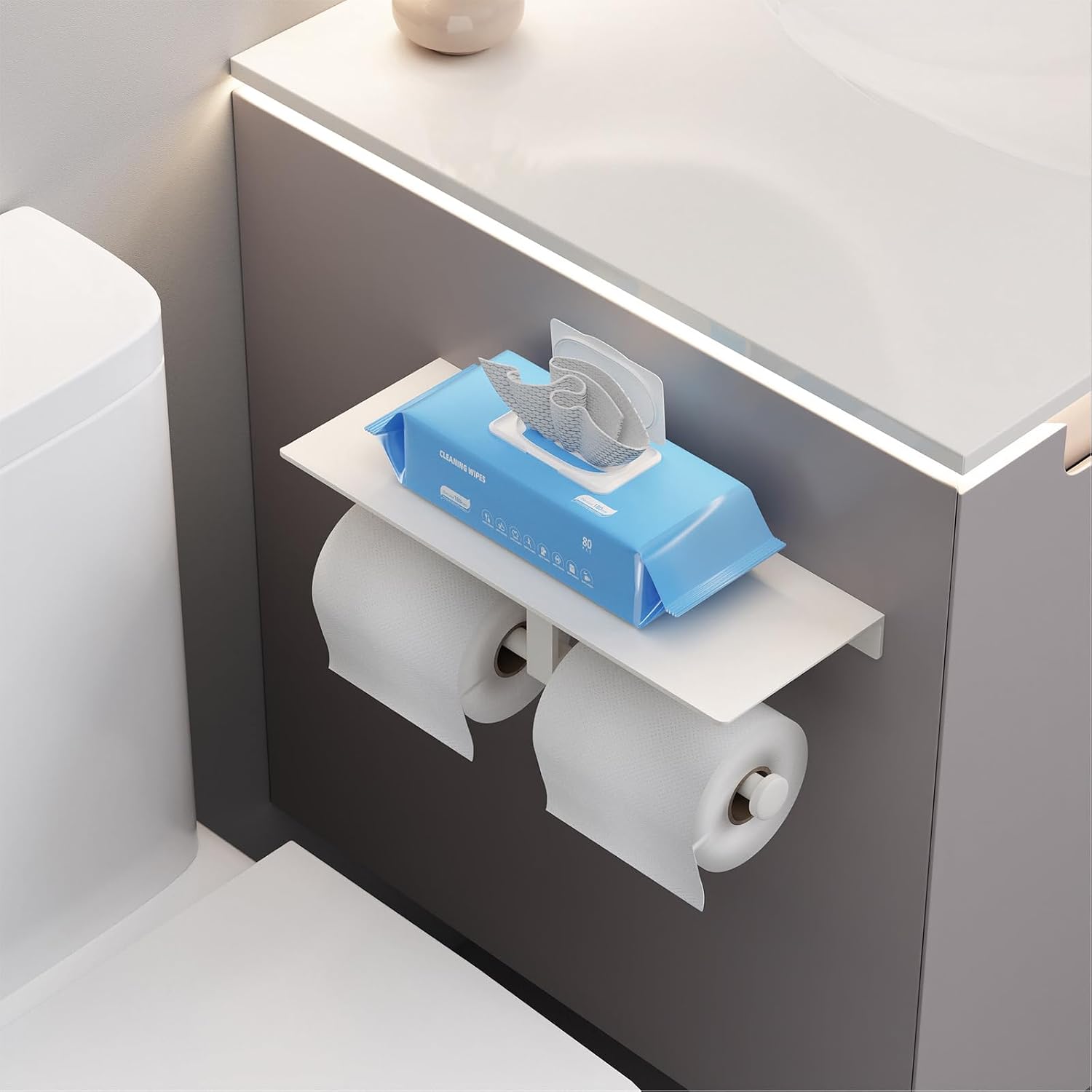 Bathroom Toilet Paper Holder with Shelf, Wall Mount, Double Roll, White