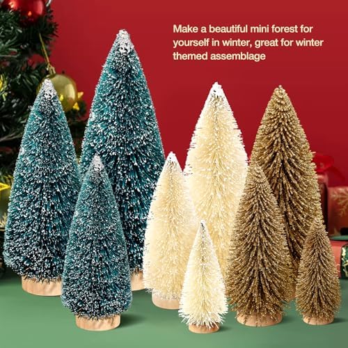 9Pcs Mini Christmas Trees Christmas Decor Artificial Christmas Decorations with 4 Sizes, Christmas Tree Bottle Brush Trees Christmas Table Decorations (Dark Green Golden Beige)
