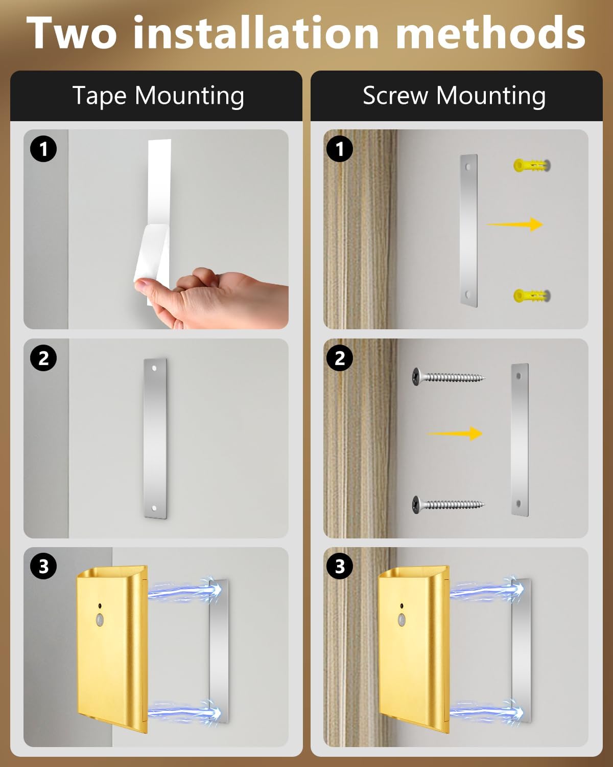 WERFOP Rechargeable Motion Sensor Wall Sconce Set of 2 (Gold) | 5000mAh Battery Operated Wall Light Indoor, 3 Colors
