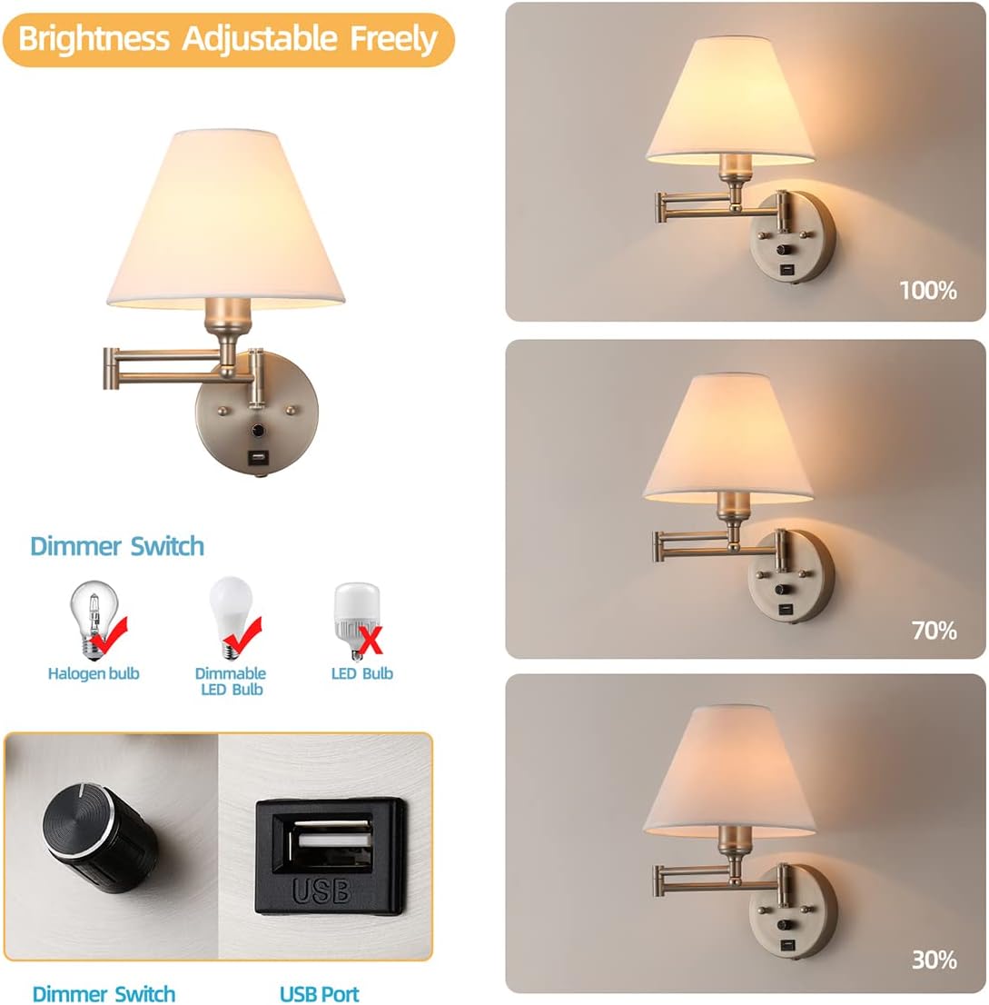 Swing Arm Wall Sconces, Plug-in Wall lamp,Bedroom Wall lamp ， White Fabric Shade，，with dimmable Switch and USB Charging