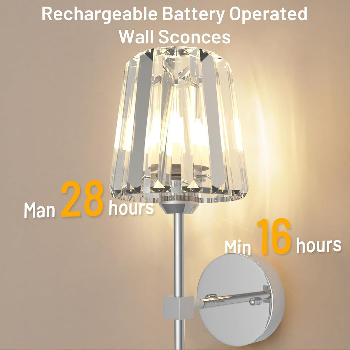 Crystal Battery Operated Wall Sconces Set of 2, Chrome Rechargeable Wireless Wall Lights with Crystal Lampshade, 12 RGB