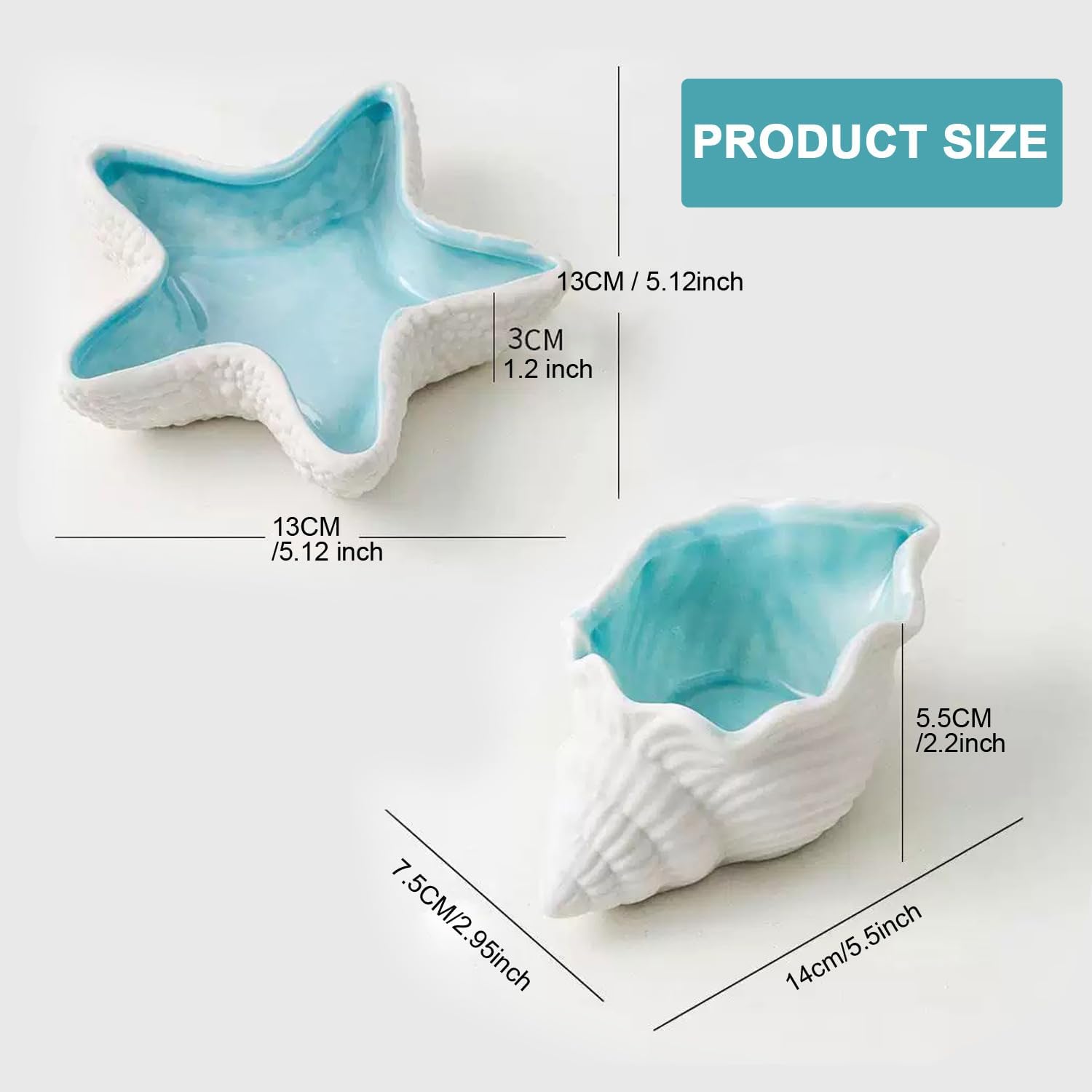 Ceramic Jewelry Tray Starfish Conch Shape Aqua Shell Trinket Plate Ceramic Conch Shell / Set of 2