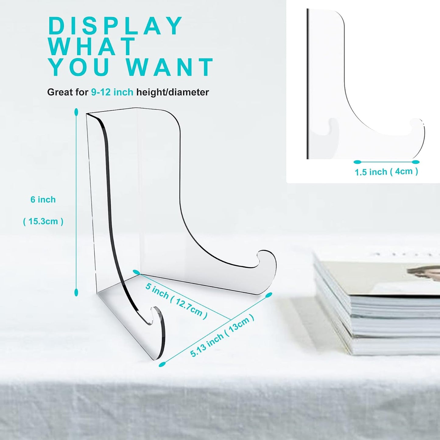 Boloyo Flat Back Acrylic Plate Display Stand , 6 Inch 5PC Clear Acrylic Display Holder Easel Base for Home Office