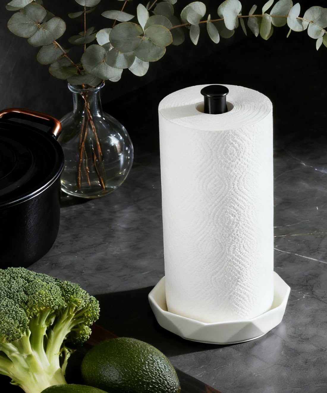 Paper Towel Holder, Ceramic Base Water Resistant, Fits Large Rolls, Black | Easy to Clean and Built to Last,Standing