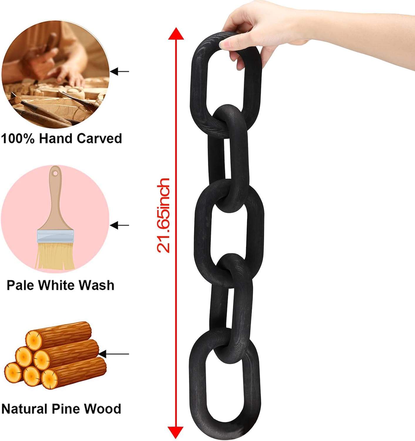 5-Link Black Wood Chain Link Decor / Black-5 / 22"D x 3.9"W
