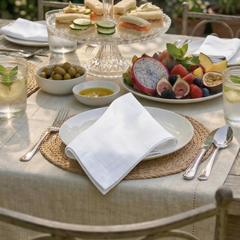 Plisa White Cotton Cloth Dinner Napkins Set of 12, 18x18 Inch | Hemstitched 100% Cotton Fabric Napkins - Soft &