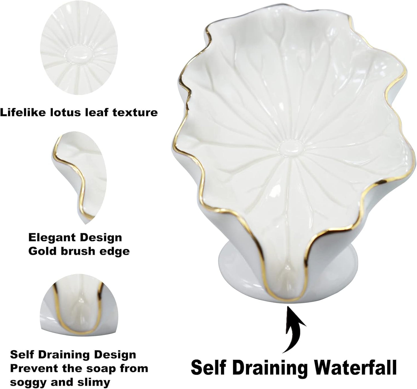 Soap Dish Ceramic Lotus Leaf Shape Soap Holder Self Draining Soap Dish Waterfall Slot Sponge / White