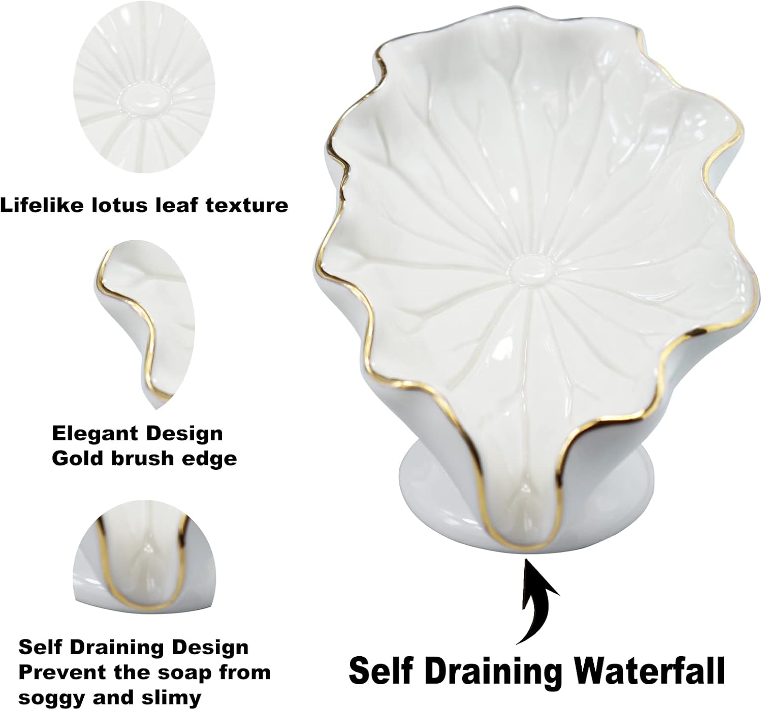 Soap Dish Ceramic Lotus Leaf Shape Soap Holder Self Draining Soap Dish Waterfall Slot Sponge / White