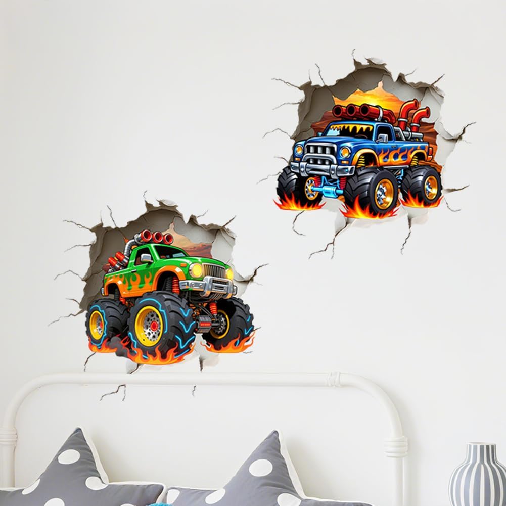 3D Racing Car Wall Decal Break Through Art Decor Sticker / Truck / 11.8 x 23.62 / Set of 4