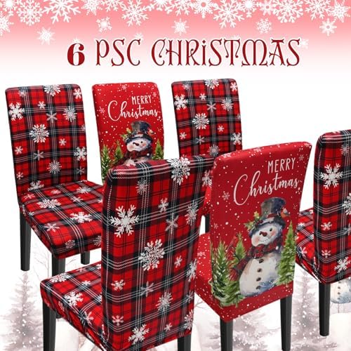 Christmas Chair Covers Set of 6, Xmas Snowman Dining Chair Covers for Party Kitchen Removable Seat Cover for Chairs Christmas Decorations Indoor