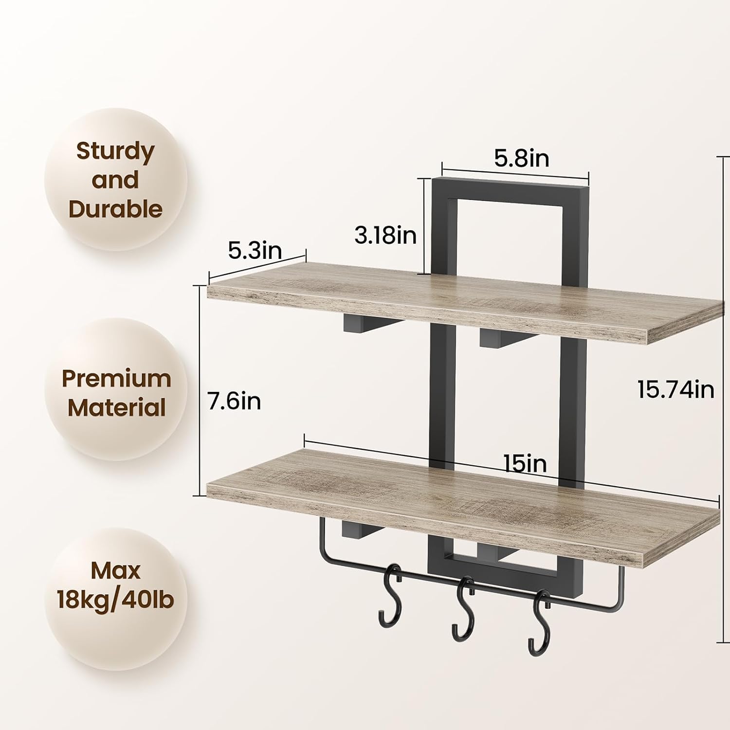 Floating Shelves / Wall Mounted Storage Shelves / Greige + Black / Set of 2