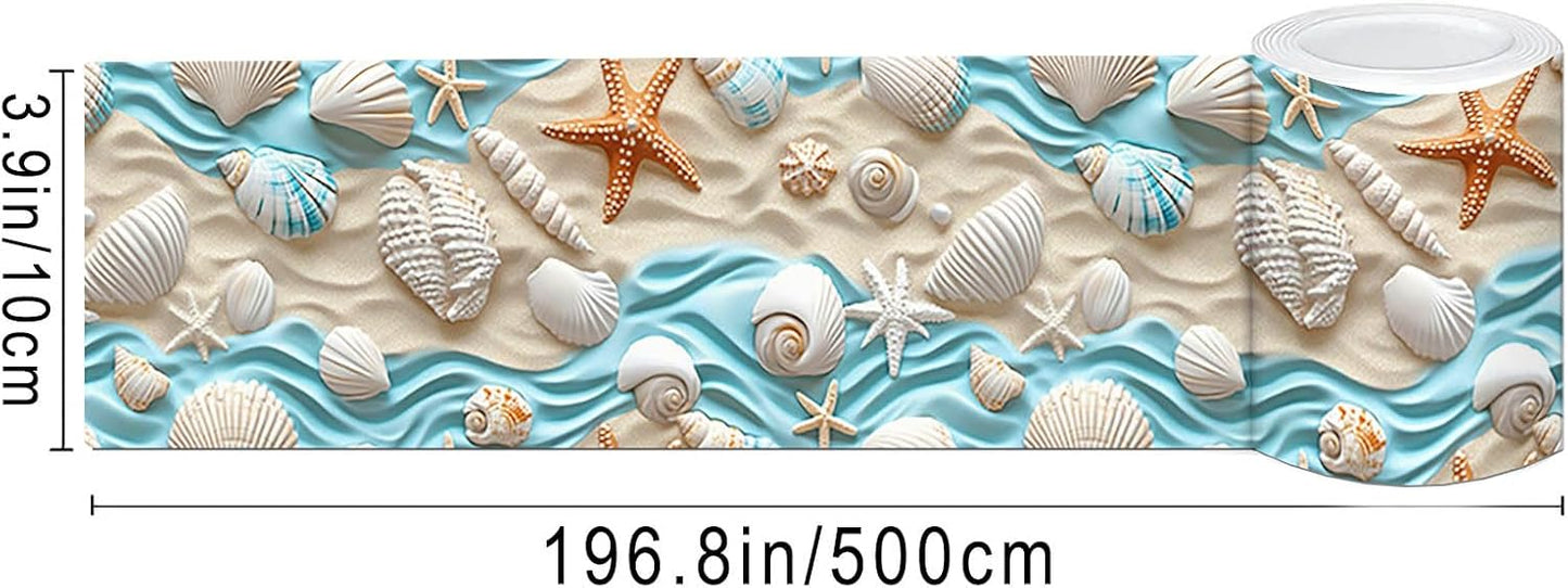 Gold Seashell Starfish Sand Peel and Stick Wallpaper Border Self / Seashells Sand / Blue / 4 x 196