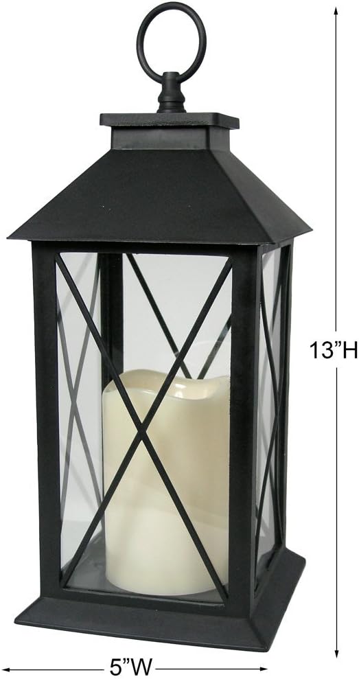 Black Decorative Lantern Set of 2 with LED Candle – Lighted Lanterns with Cross Bar Design, 4 Hour Timer, Indoor