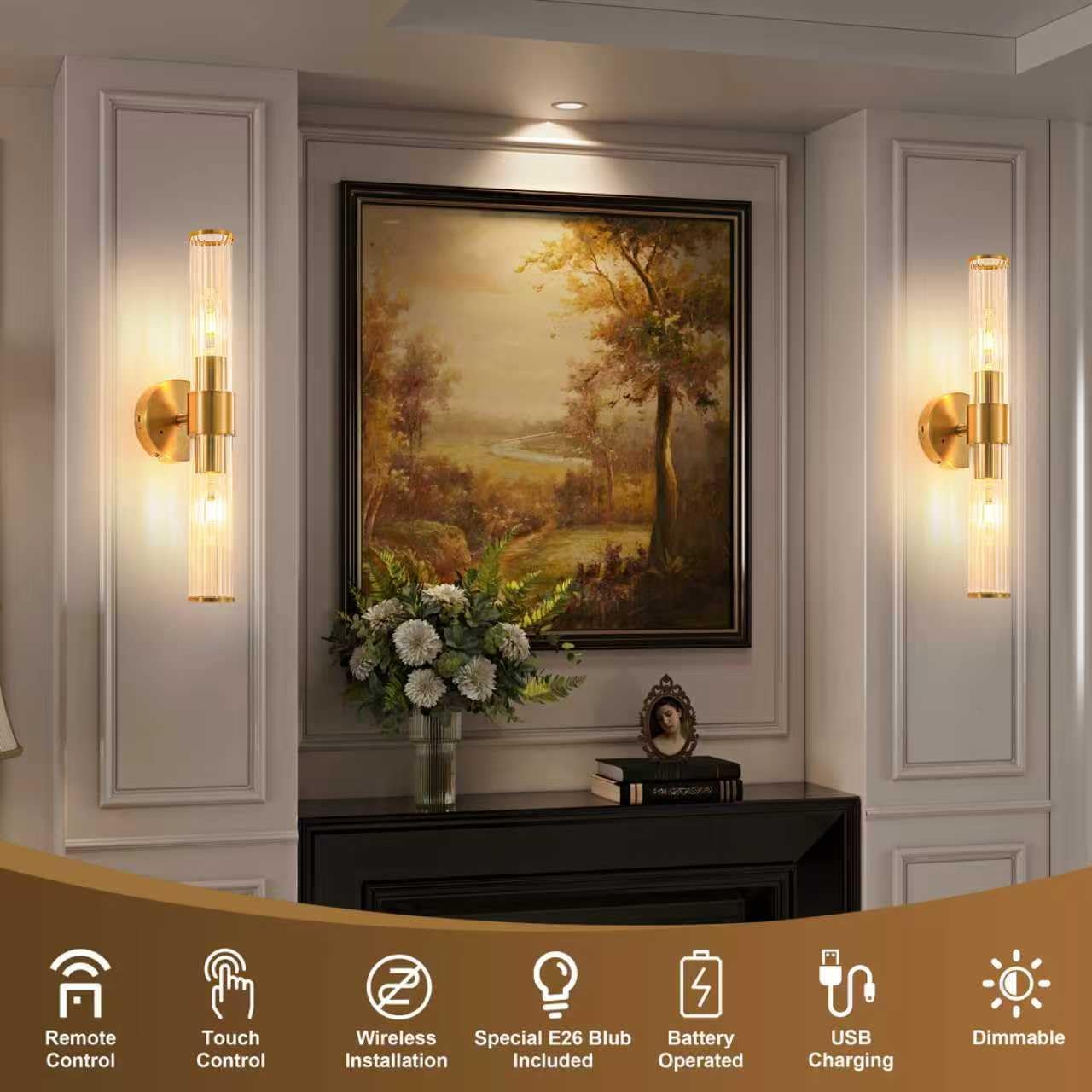 Gold Battery Operated Wall Sconces Set of Two, Dimmable Rechargeable Sconce | Wireless Wall Light with Remote Control