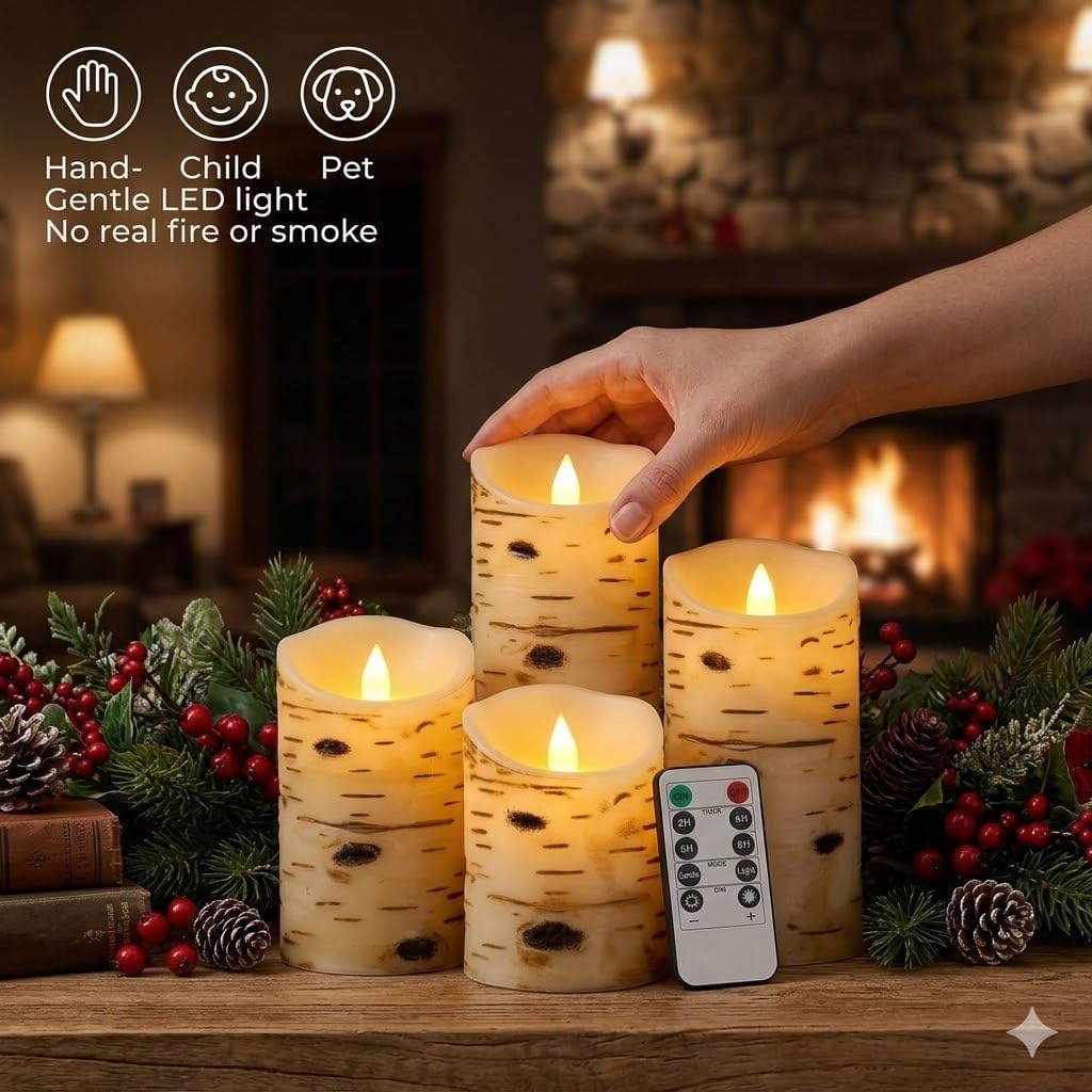 Comenzar Flameless Candles Birch Bark Texture, Flickering Flame Battery Operated LED Candles, Electric Plastic Candles