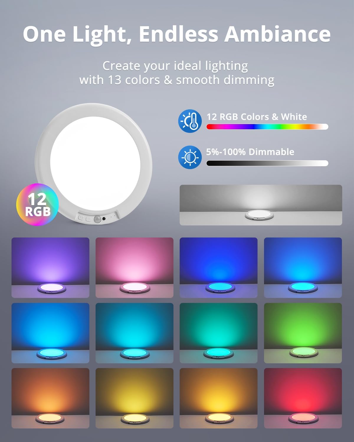 2 Pack Rechargeable RGB Ambient Shower Light Waterproof Inside, LED 13 Color Changing Mood Lighting for Bathroom