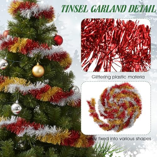 Shappy 90 ft 6 Rolls Christmas Tinsel Garland for Tree, Gold, Silver, Red