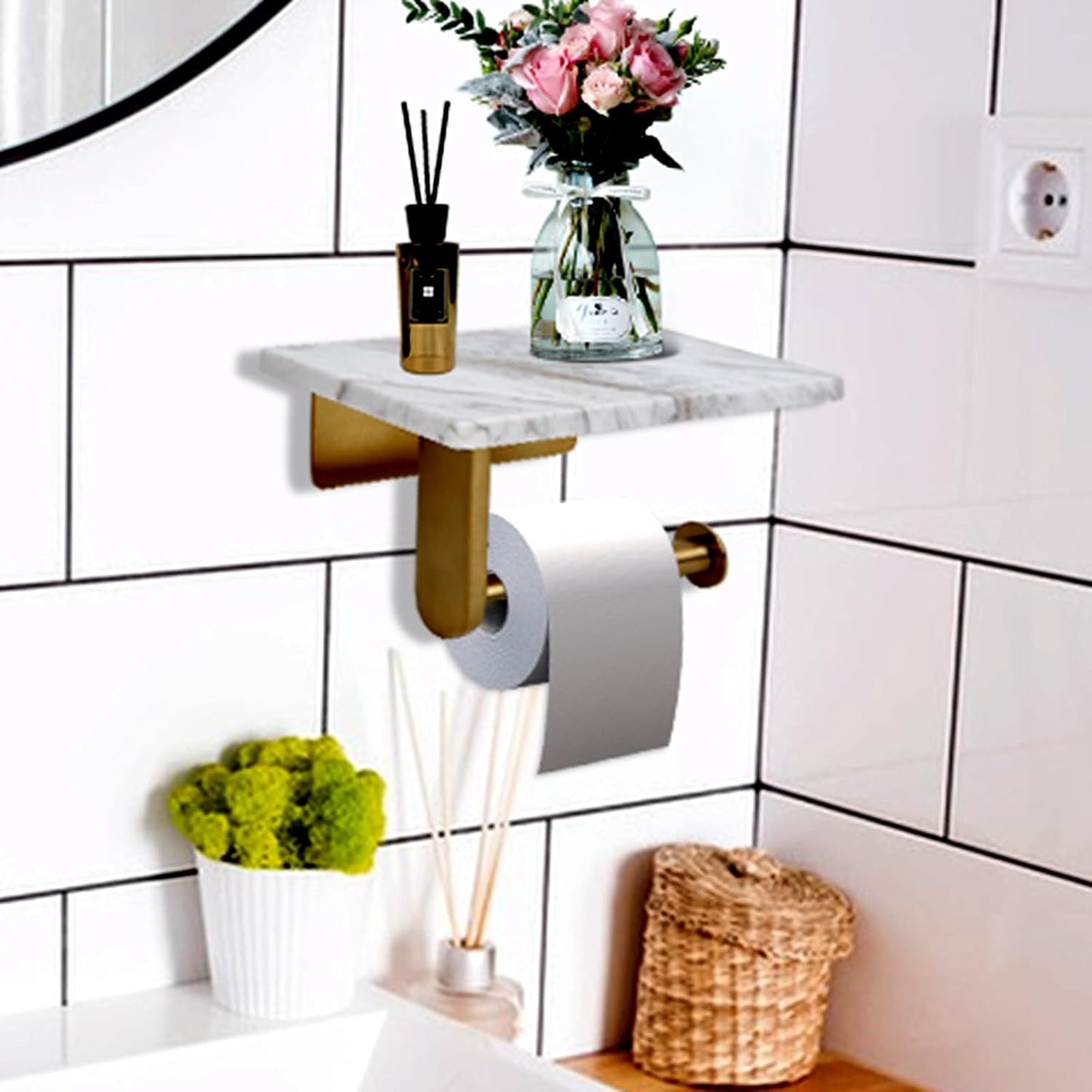Toilet Paper Holder with Natural Marble Shelf for Bathroom Washroom,Wall Mounted Tissue Holder Suitable for Mega Roll