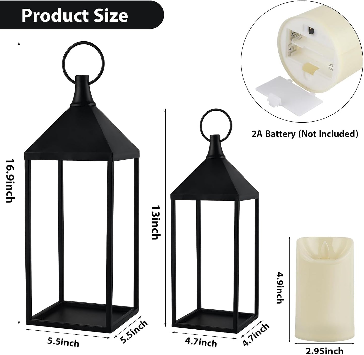 Modern Farmhouse Lantern Decor, 2Pcs Metal Candle Lanterns with Flameless Candles Black Decorative Lantern for Front