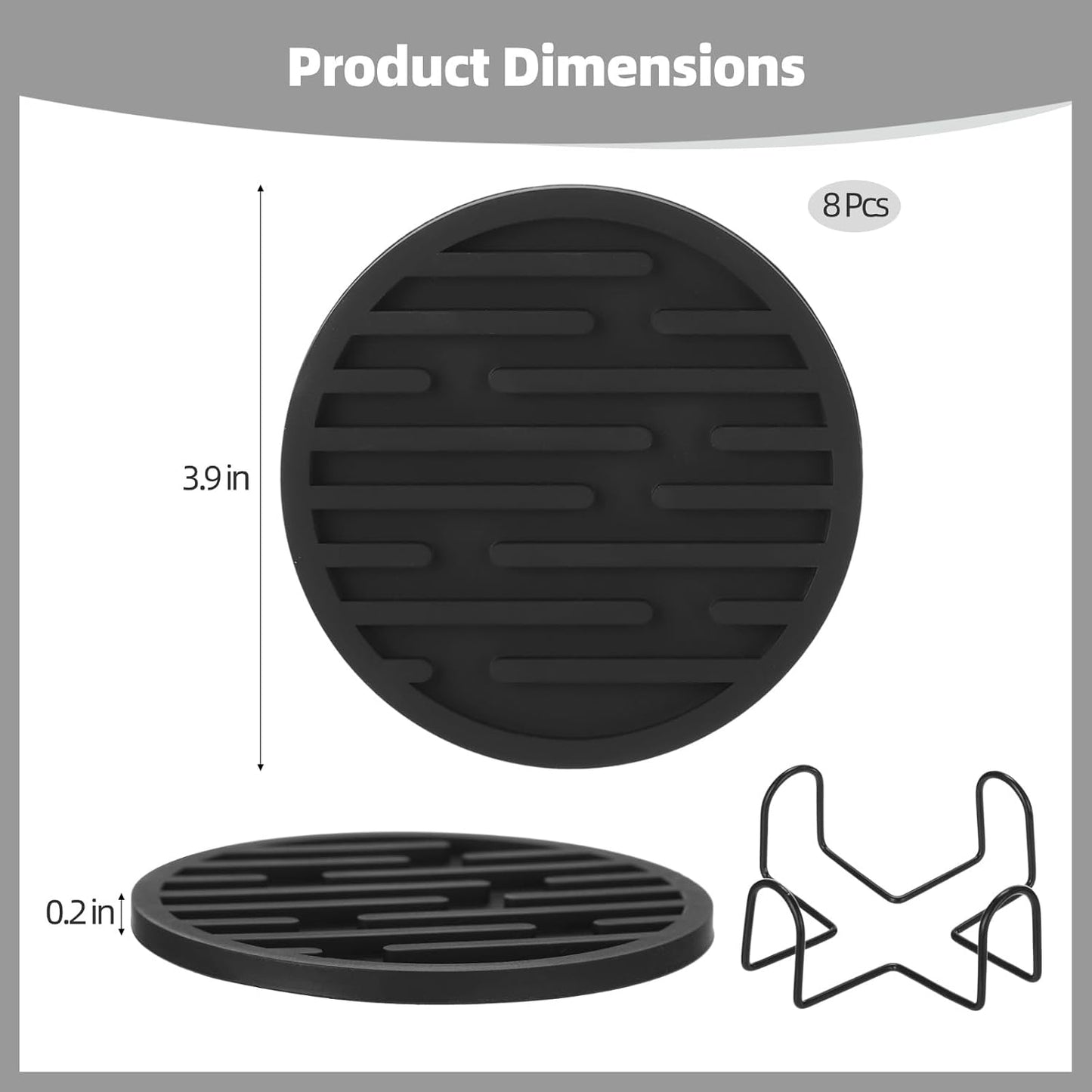 Storage Holder / in Round Modern Groove Pattern Drink Mats / Black / 3.9 Inch / Set of 8