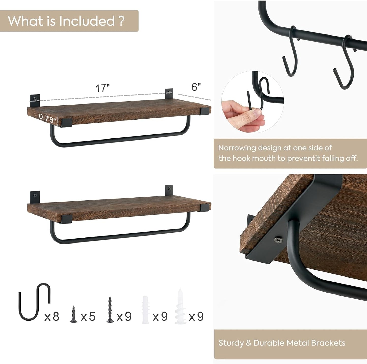 Mkono Coffee Bar Shelves, Wall Mounted Rustic Mug Rack with Hooks, 2 Pack | Kitchen Wall Shelf, Frees Up Counter Space