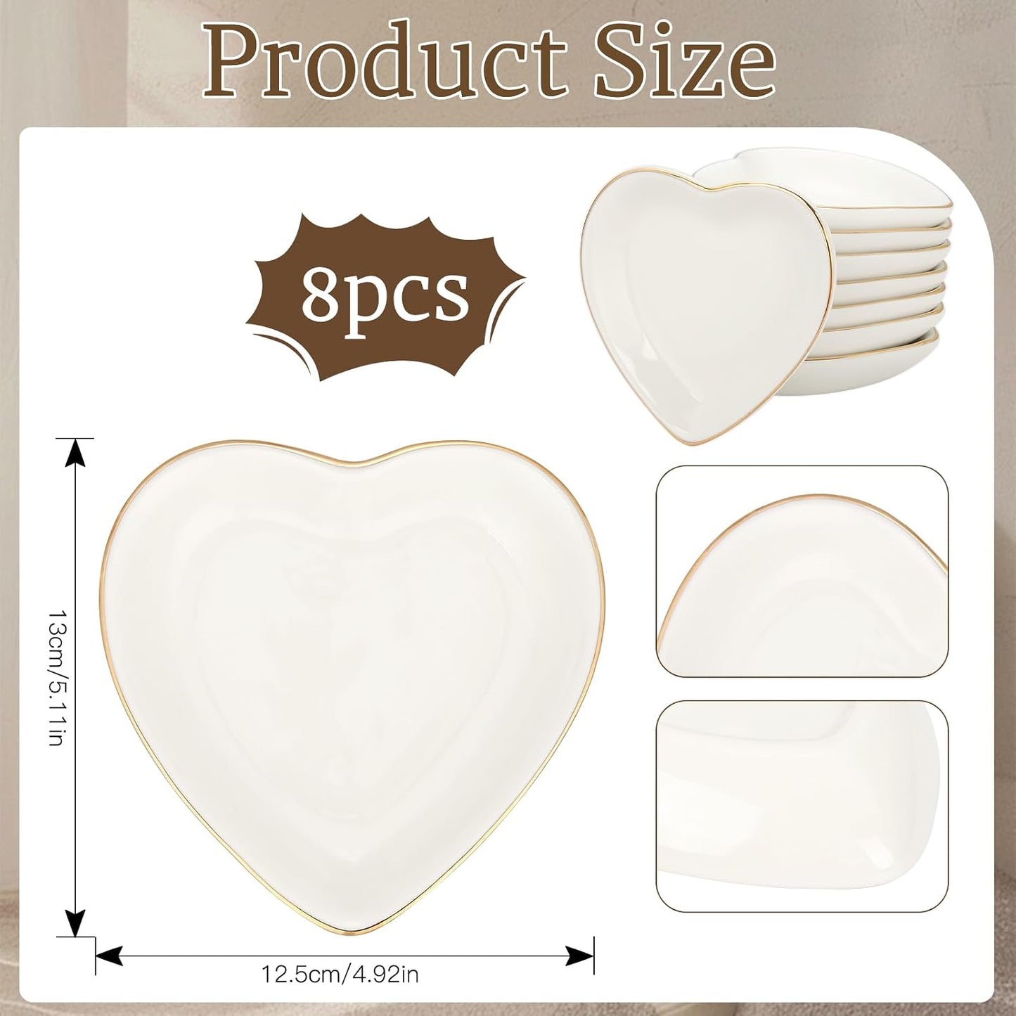 Ceramic Jewelry Tray Heart Jewelry Dish for Women / White Heart Shape / Set of 8