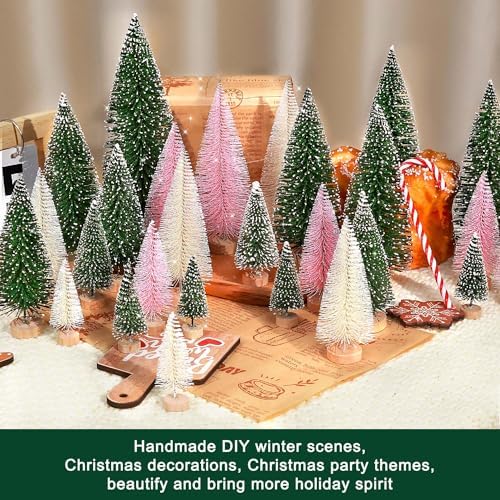 30Pcs Mini Christmas Trees Artificial Christmas Tree Bottle Brush Trees with Wooden Base for Christmas Decor Christmas Party Home Table Craft Decorations(Green+Beige+Pink)