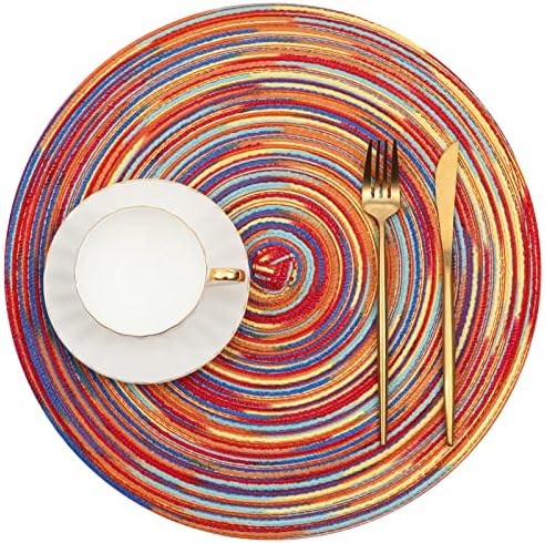 SHACOS Round Braided Placemats Set of 8 Washable 15 inch Round Table Mats Colorful Variegated Woven Place Mats for Dining Table (Rainbow Red, 8)