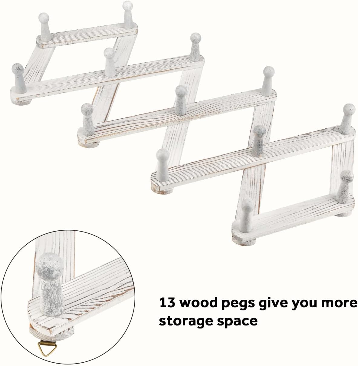 Accordian Wall Hanger, Expandable Coat Rack Wall Mounted, Accordion Style Wood Hat Rack with 13 Peg Hooks for Hanging