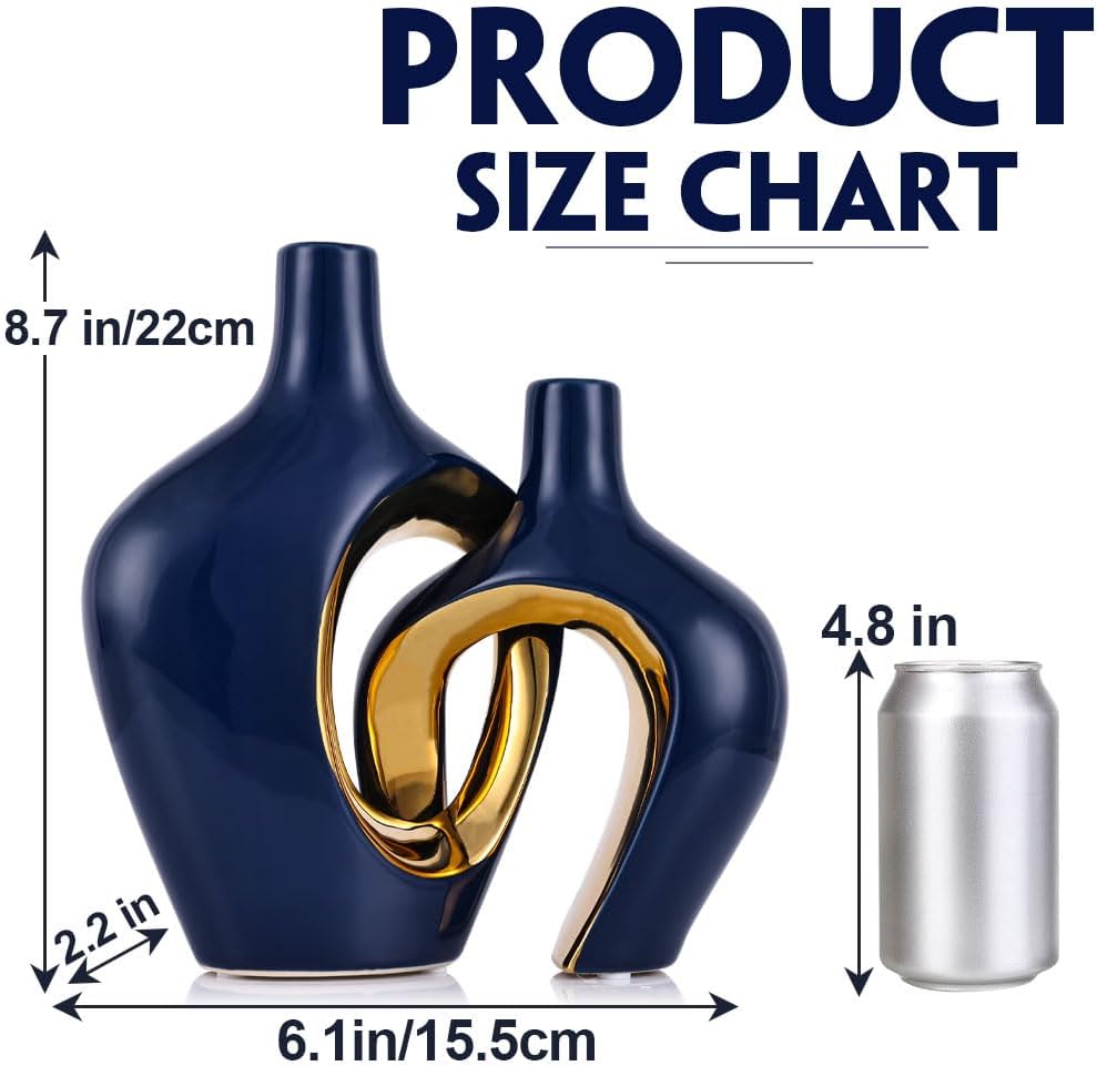 Blue Hollow Ceramic Vases / Blue and Gold / Set of 2