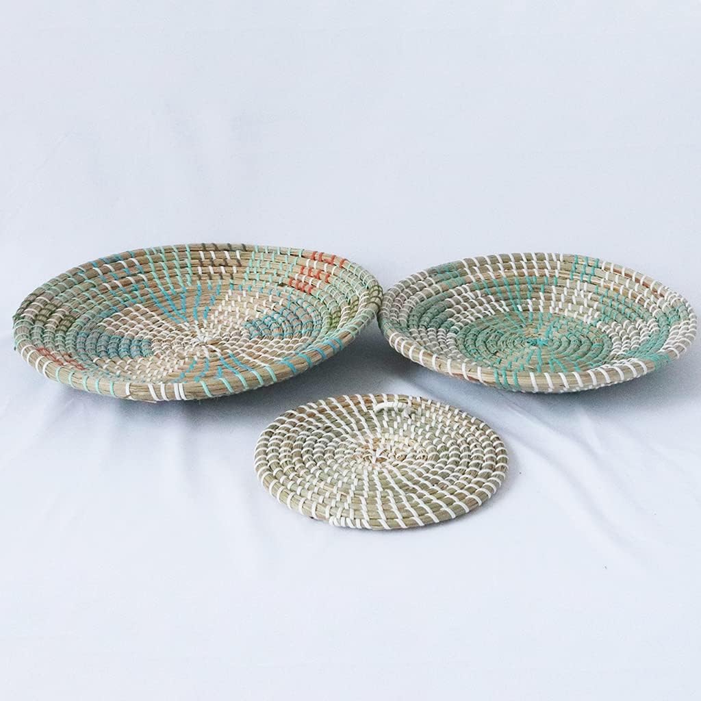Boho Woven Wall Basket Decor Handmade Seagrass Round Hanging Decorative Fruit Dessert / Set of 3