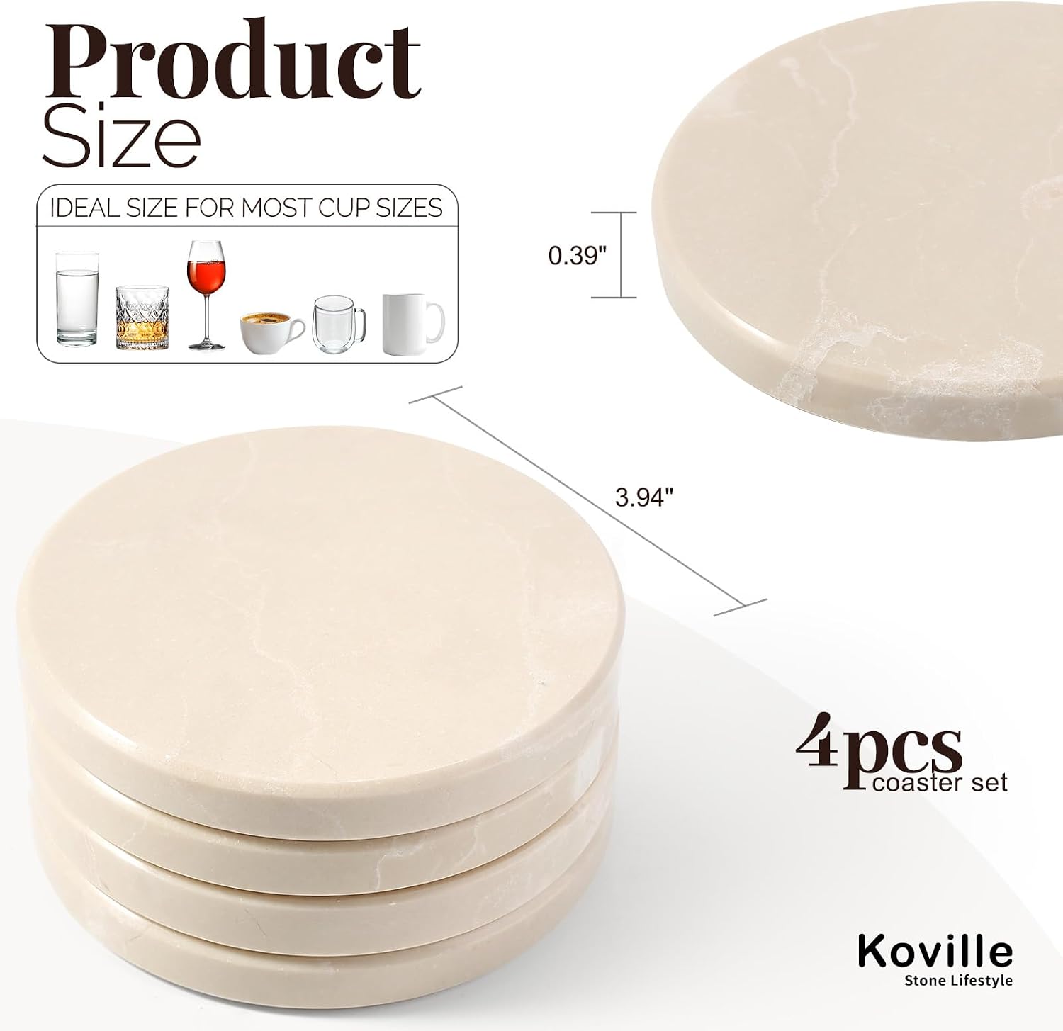 4" Stone Coaster for Drinks Coffee / Beige / Set of 4