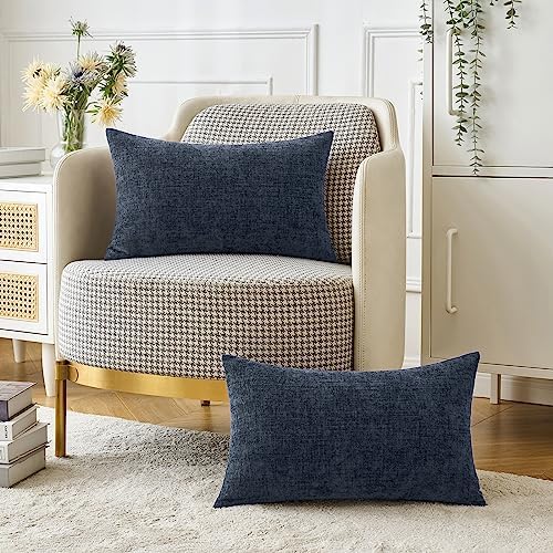 MIULEE Soft Chenille Lumbar Throw Pillow Covers Dark Navy 12x20 Pack of 2