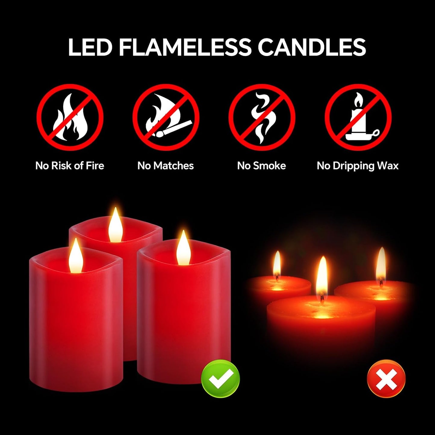 3x4 Flickering Flameless Candles Set of 3,Real Wax Pillar led Candles Flickering,4 inch Flameless Candles with