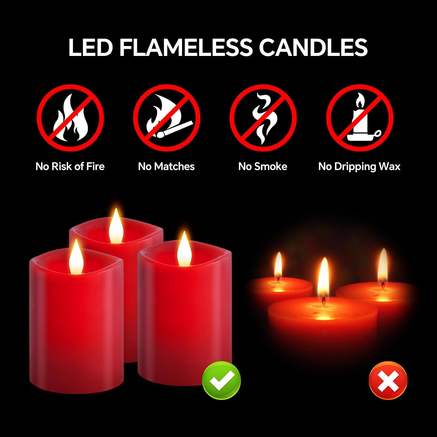 3x4 Flickering Flameless Candles Set of 3,Real Wax Pillar led Candles Flickering,4 inch Flameless Candles with