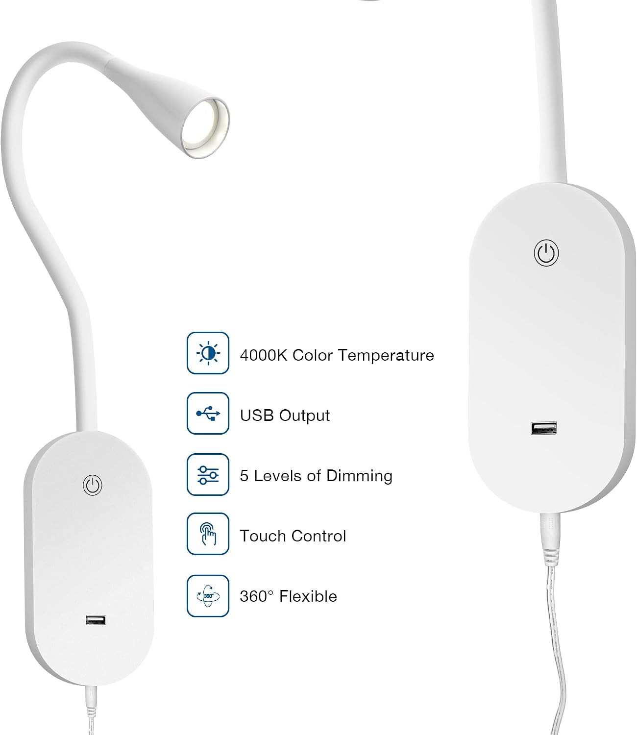 Wall Mount Reading Light, Focused Book Light for Reading in Bed, 5 Dimming, USB Output, 4 Hours Auto Off, Touch