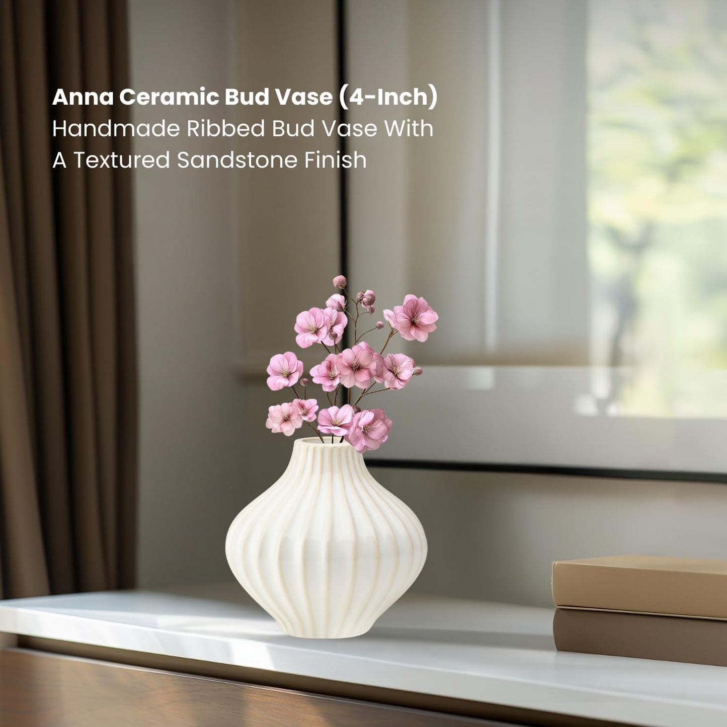 4" Ribbed Ceramic Bud Vase for Flowers / 4.5-inch / White / 4.5 Inch