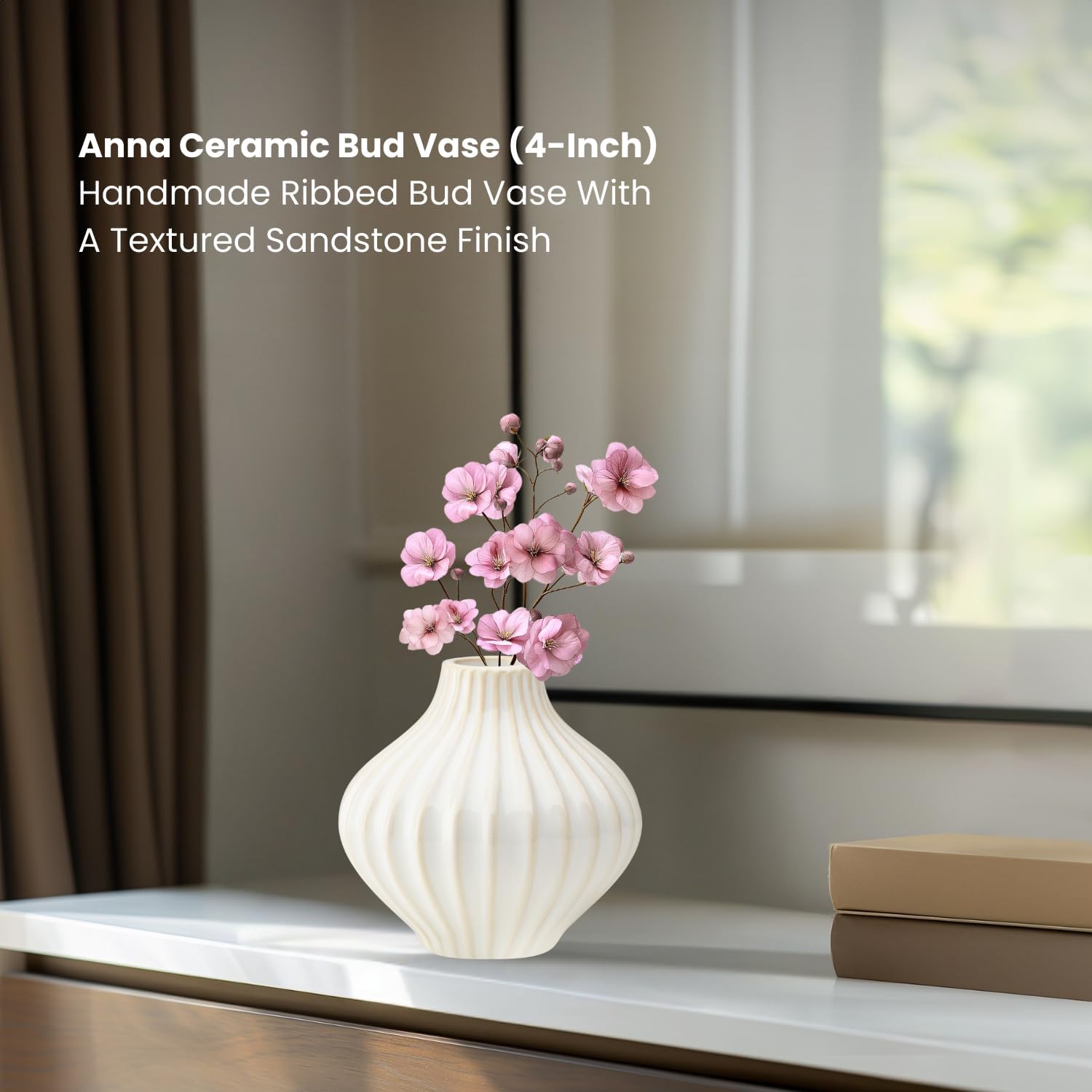 4" Ribbed Ceramic Bud Vase for Flowers / 4.5-inch / White / 4.5 Inch