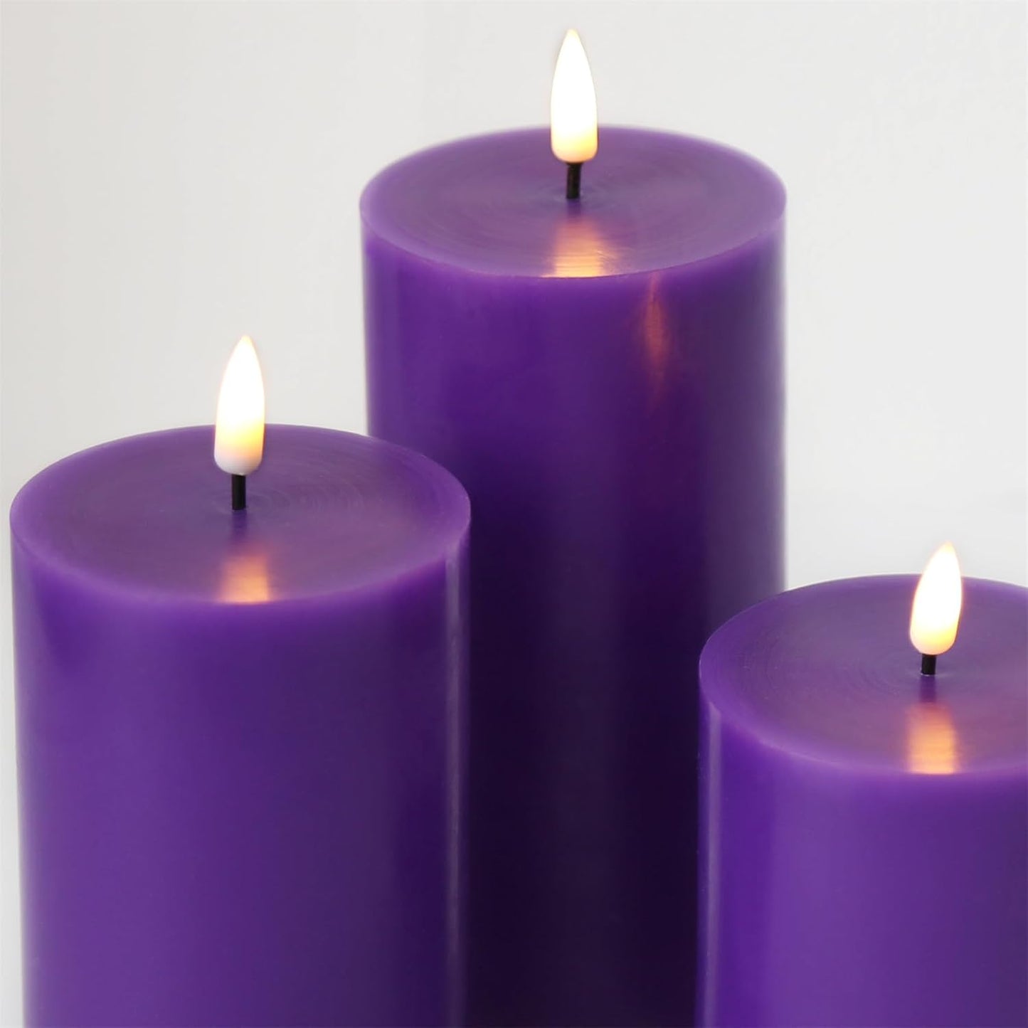 Purple Flameless Pillar Candles with Remote Set of 3 | Flickering LED Candles, 2 AA Battery Power, Flat Top Real Wax