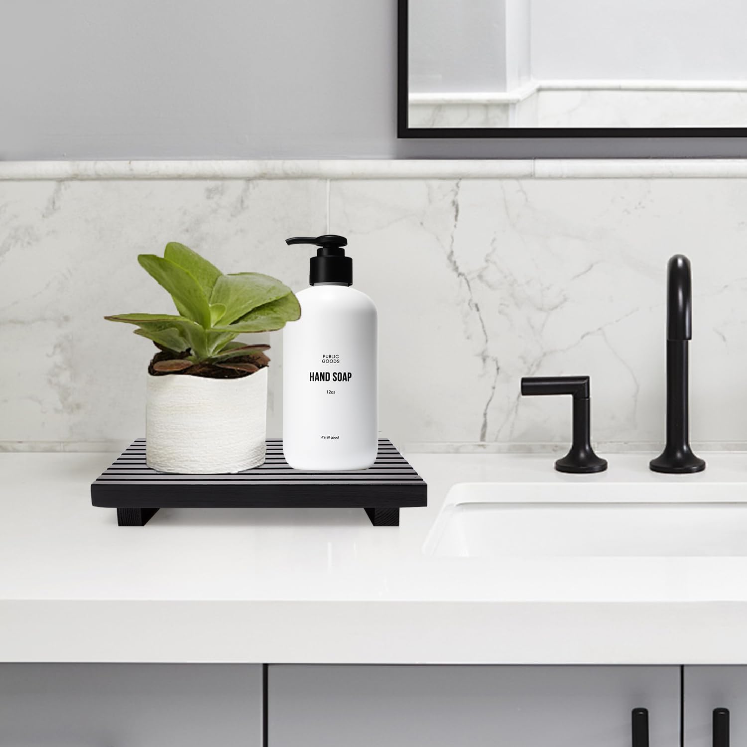 Bathroom Counter Organizer Wooden Display Pedesta Stand Kitchen Countertop Trays / 10 x 6 / Black