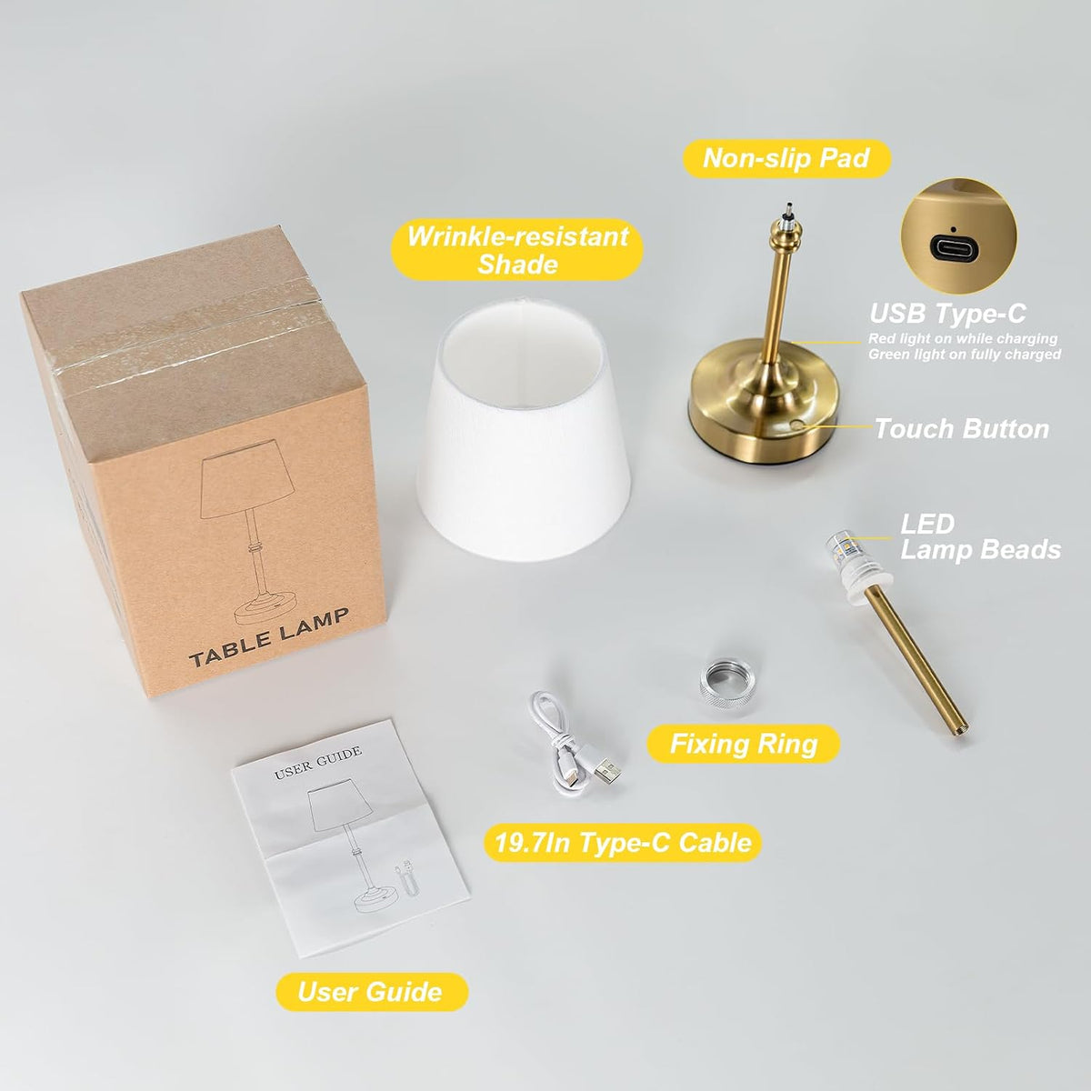 Kakanuo Cordless Table Lamp, Rechargeable Battery Operated, Brass, 1 Pack | 4000mAh Battery, USB-C Charging, 3000K Warm