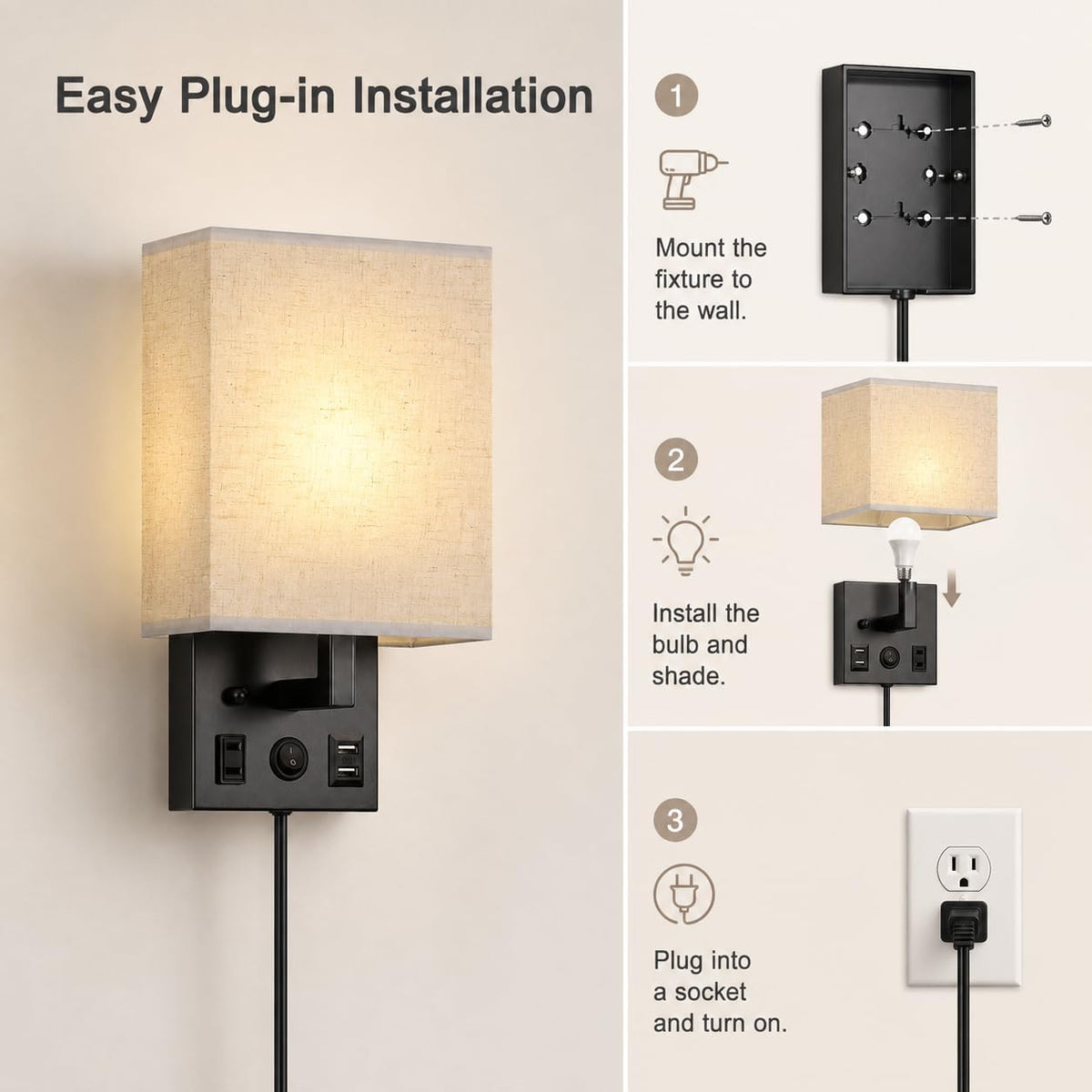 Vrisa Wall Sconces Wall Lamps for Bedrooms Set of 2 Plug in Bedside Lights Wall Mounted with USB Ports Outlet Wall
