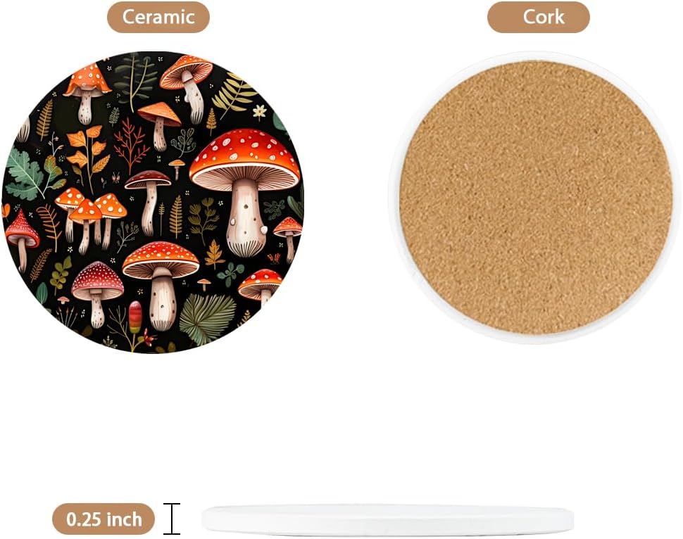 Witchy Frog Absorbent Ceramic Drink Coaster for Cup Mat Coffee Table / Mushroom / Set of 6