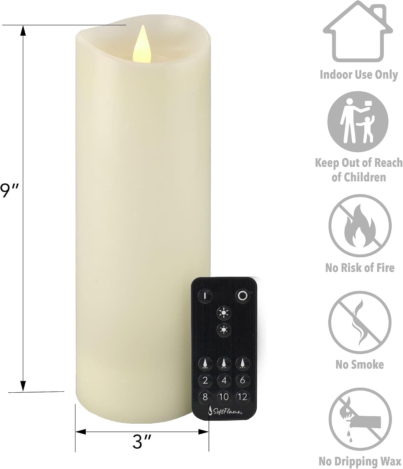 Flameless LED Candles with Remote Control, 3"x 9"Flickering 3D Moving Flame Battery Operated Candles in Real Wax Shell