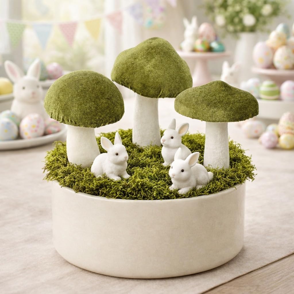 Velvet Mushrooms & White Artificial Mushroom Set Fake Fruits for Easter Home / Green / Set of 3