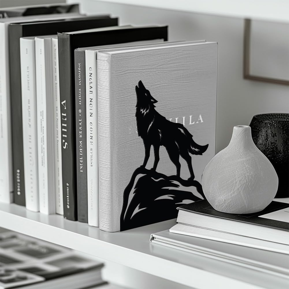 Metal Bookends / Modern Decorative Heavy Duty Study Book Support Stoppers / Howling Wolf