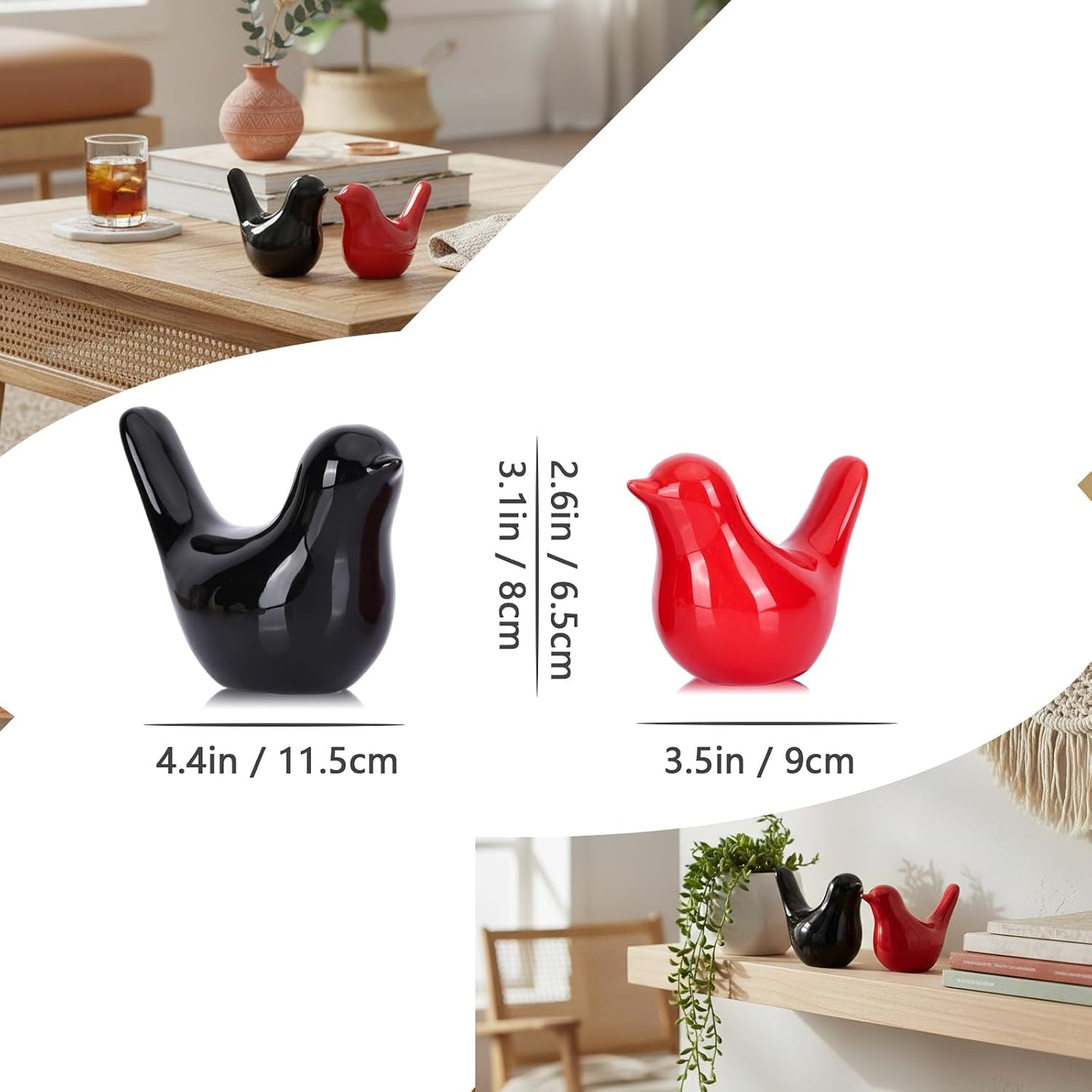 Small Ceramic Bird Statue and Sculpture / Black Red